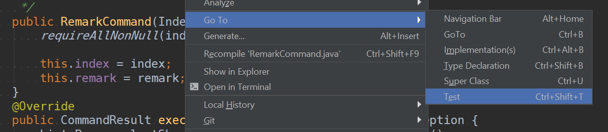 Using the context menu to jump to tests