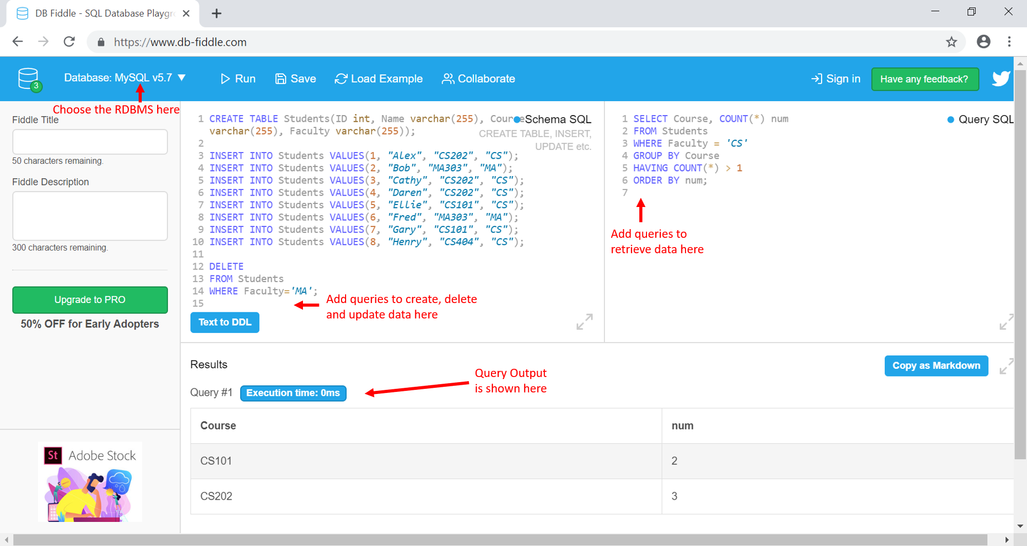 Running queries on DB Fiddle