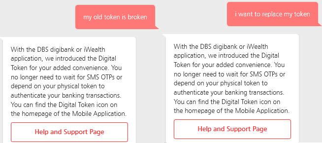 DBS chatbot responding to two different messages with a similar intent