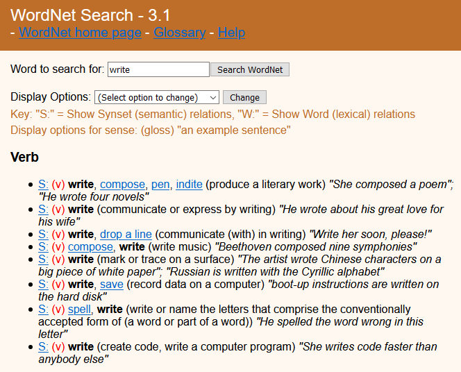 WordNet results for write